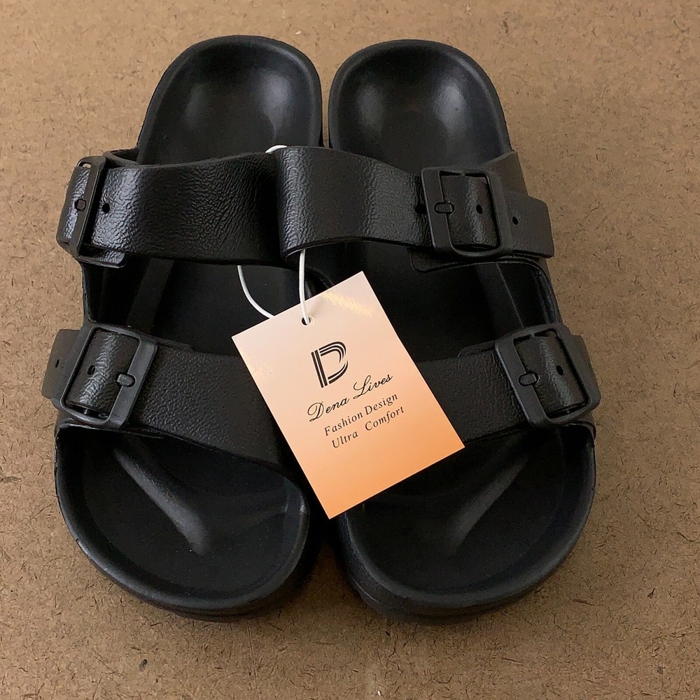 Dena Lives Women's Shoe Size 6 Black Adjustable Double Buckle Slide Sandals New